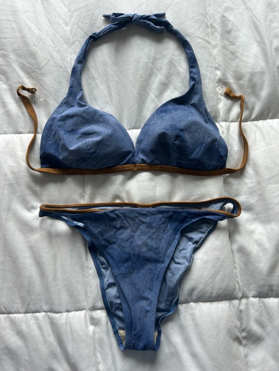 Ekra Other - Ekra Blue Halter Bikini Set with Brown Trim Y2K Women’s Small 34C